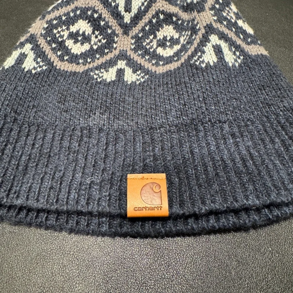Carhartt Beanie Hat Cap Logo Patch Blue Geometric Patter Ribbed Outdoor Workwear